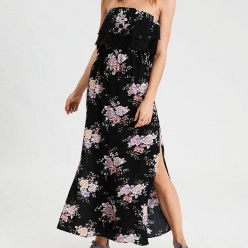 COPY - AE Black Floral Strapless Side Slit Maxi Dress NWT